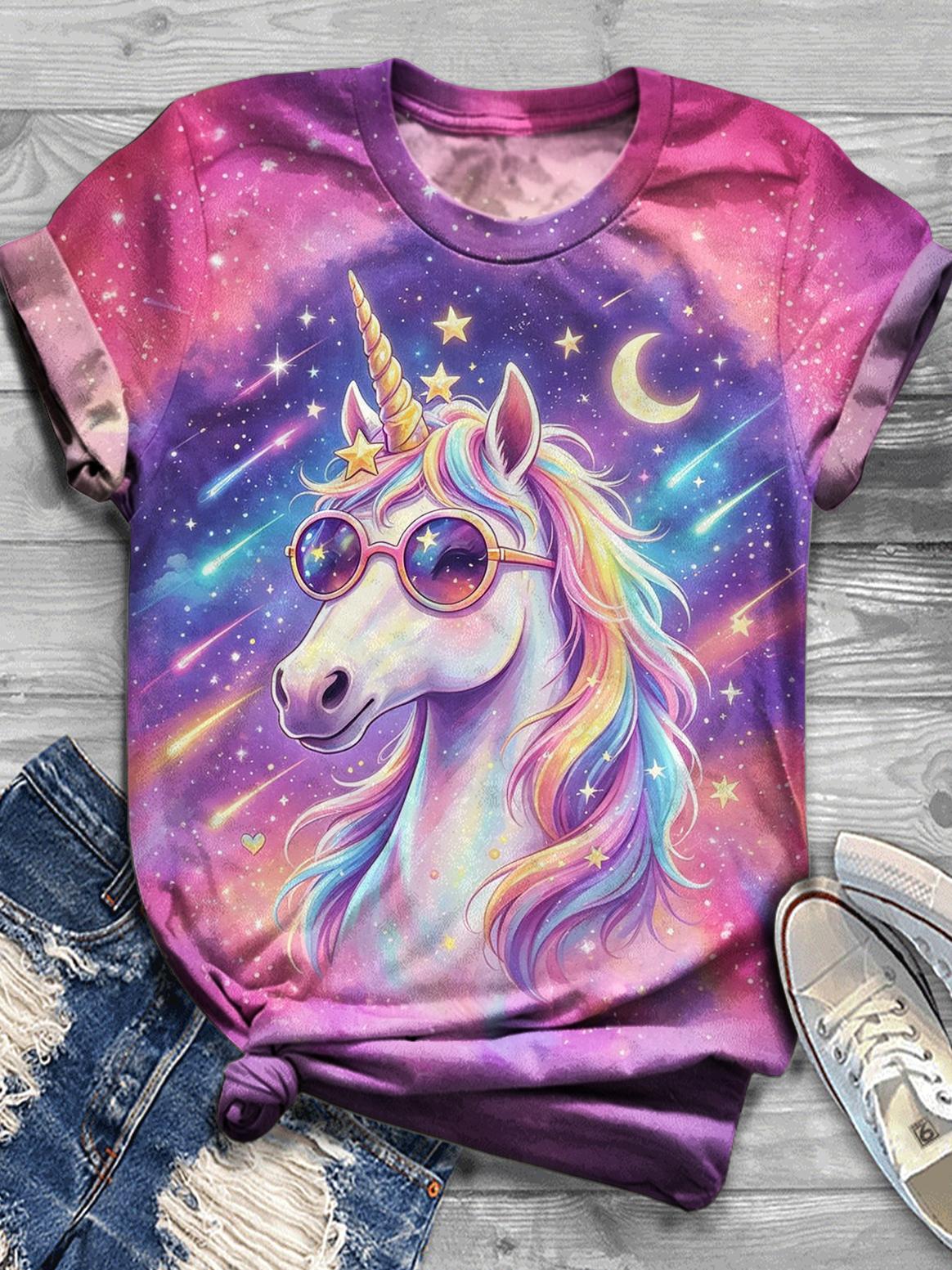 Women's Rainbow Hippy Horse Crewneck Short-Sleeved T-shirt