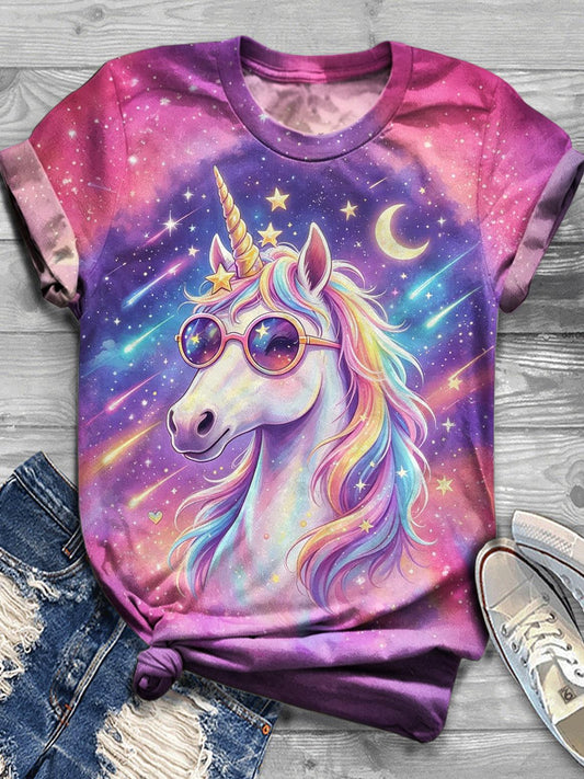 Women's Rainbow Hippy Horse Crewneck Short-Sleeved T-shirt