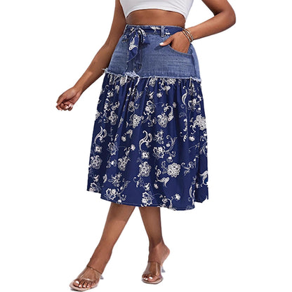 Midi Denim Skirt Floral Print High Waisted A Line Denim Chiffon Splicing Flowy Skirt for Dating Vacation beautifully
