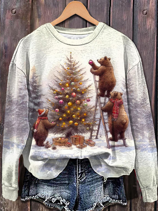 Winter Christmas Brown Bear Printed Long Sleeve Casual Top