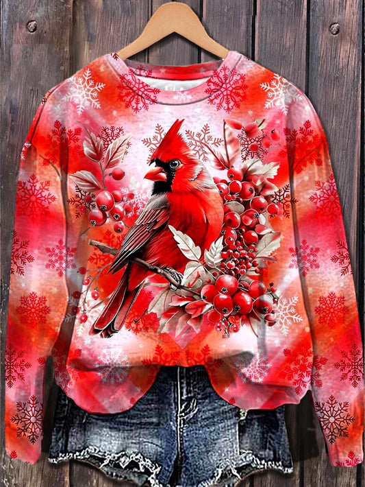 Winter Bird Printed Long Sleeve Casual Top