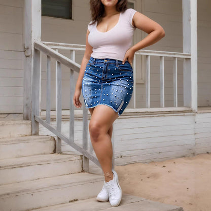 Mini Jean Skirt High Rise Beaded Frayed Hems Bodycon Mini Jean Skirt with Pockets for Vacation Daily Wear boosted