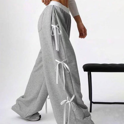 Women's Baggy Sweatpants Bow Tie Elastic Waist Casual Wide Leg Sports Pants with Pocket for Daily Running accepted