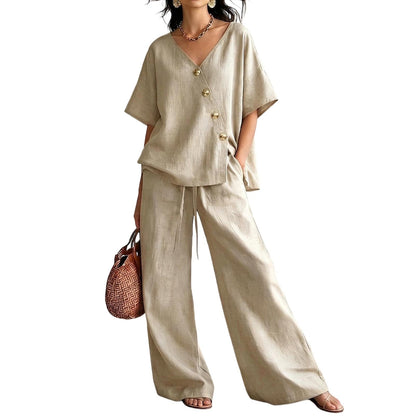 ⏰🔥LIMITED TIME 50% OFF! 💖 Women's Cozy & Elegant Metal Buttons Cotton-Linen Two-Piece Set