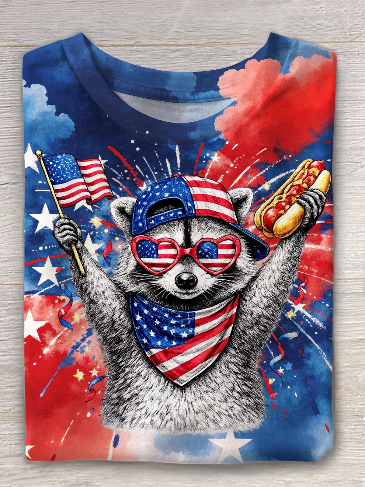 Women's National Flag Patriotic Fun Raccoon Round Neck Short Sleeve T-shirt
