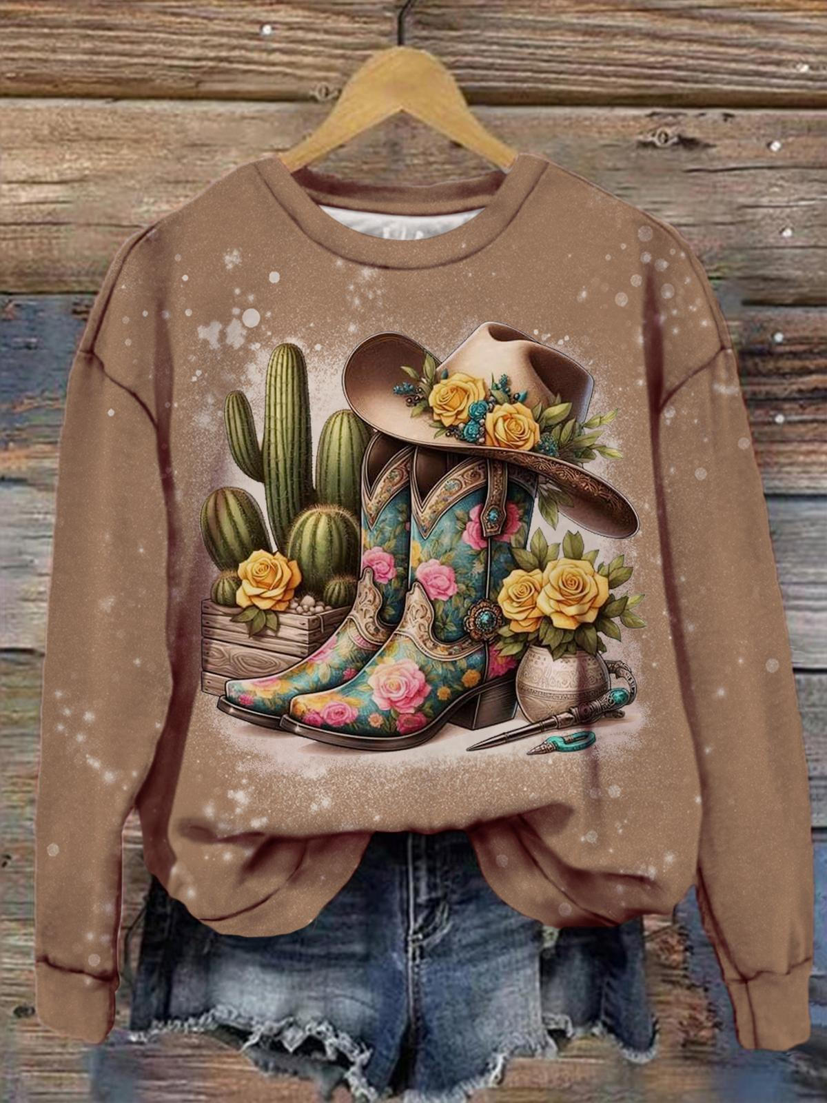 Women's Western Denim Floral Vintage Print Casual Top