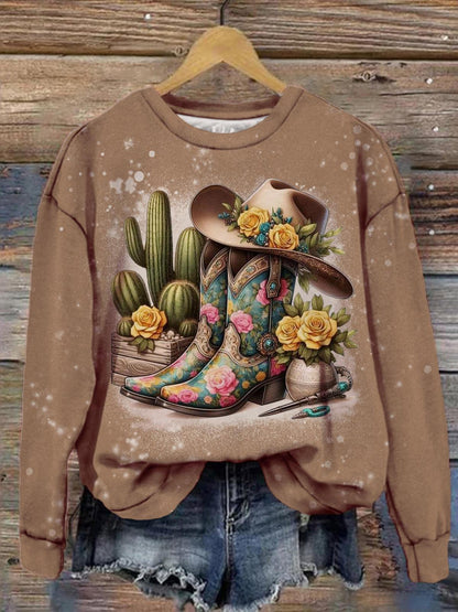 Women's Western Denim Floral Vintage Print Casual Top