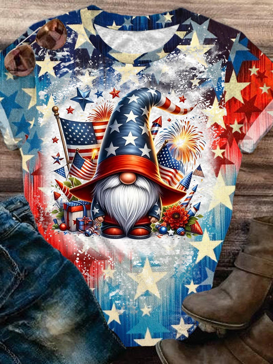 4Th Of July Gnome Star Dwarf Women Round Neck Short Sleeve T-shirt