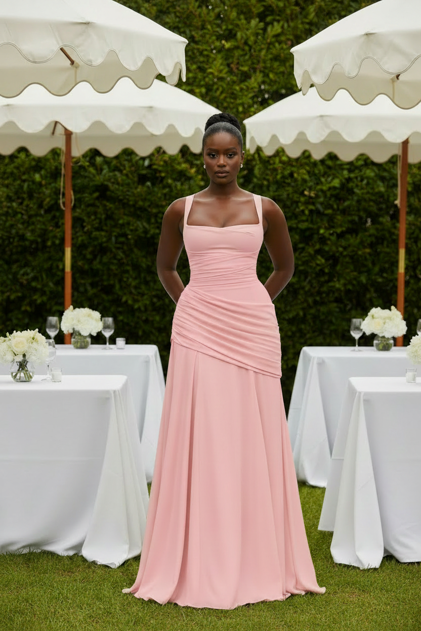 Square-Neck Ruched-Waist Maxi Dress