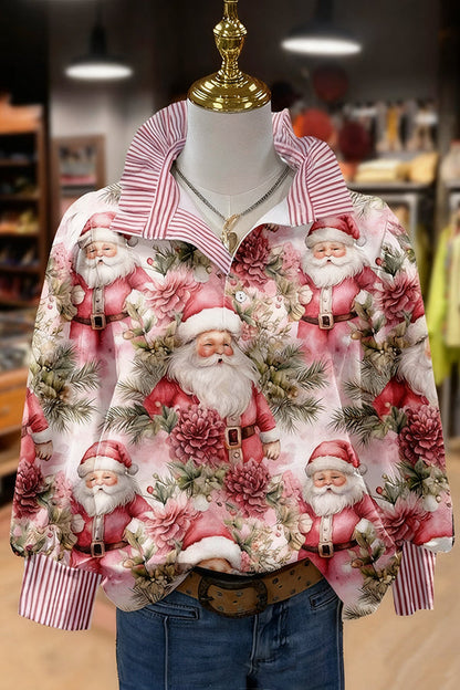 Vintage Christmas Santa Print Striped Long Sleeve Top