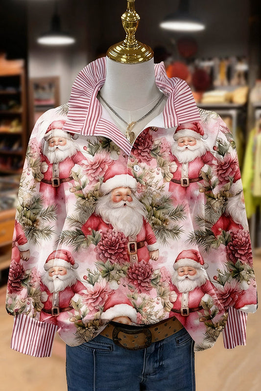 Vintage Christmas Santa Print Striped Long Sleeve Top