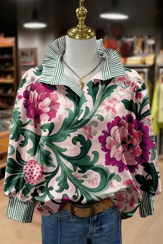 Vintage Floral Print Striped Collar Top