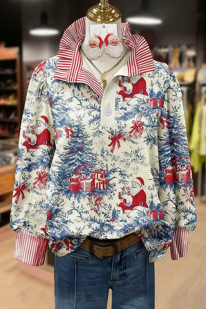Vintage Christmas Santa Print Long Sleeve Top