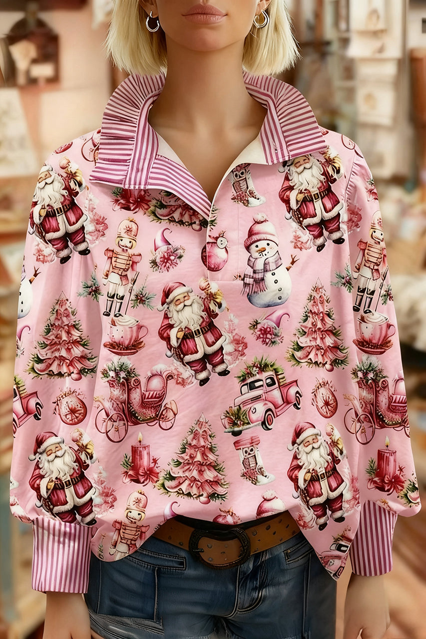 Chic Christmas Santa Print Striped Long Sleeve Top