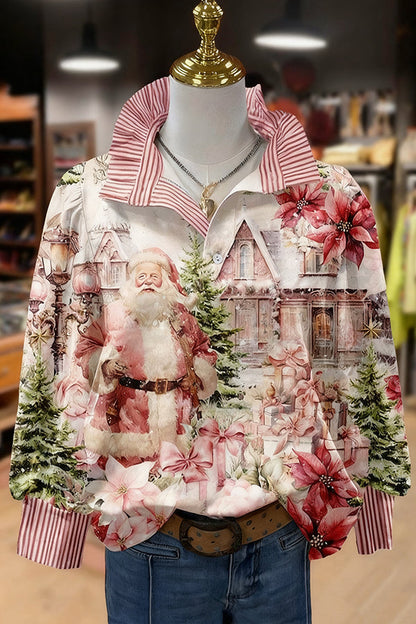 Vintage Christmas Santa Print Striped Long Sleeve Top