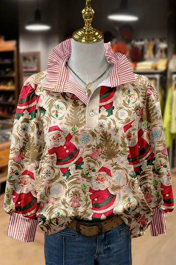 Retro Christmas Santa Striped Collar Long Sleeve Top