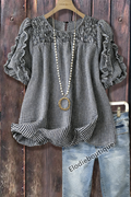 Casual Gingham Smocked Bodice Ruffle Short Sleeve Blouse