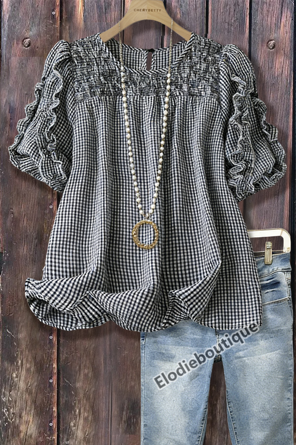 Casual Gingham Smocked Bodice Ruffle Short Sleeve Blouse