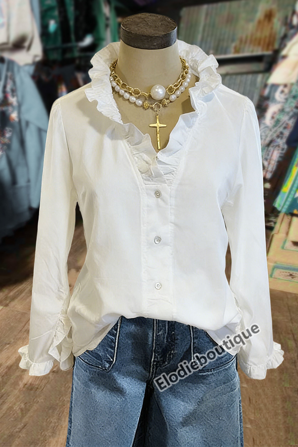 Elegant Ruffle Neck Button Up Long Sleeve Blouse