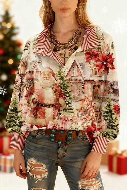 Vintage Christmas Santa Print Striped Long Sleeve Top